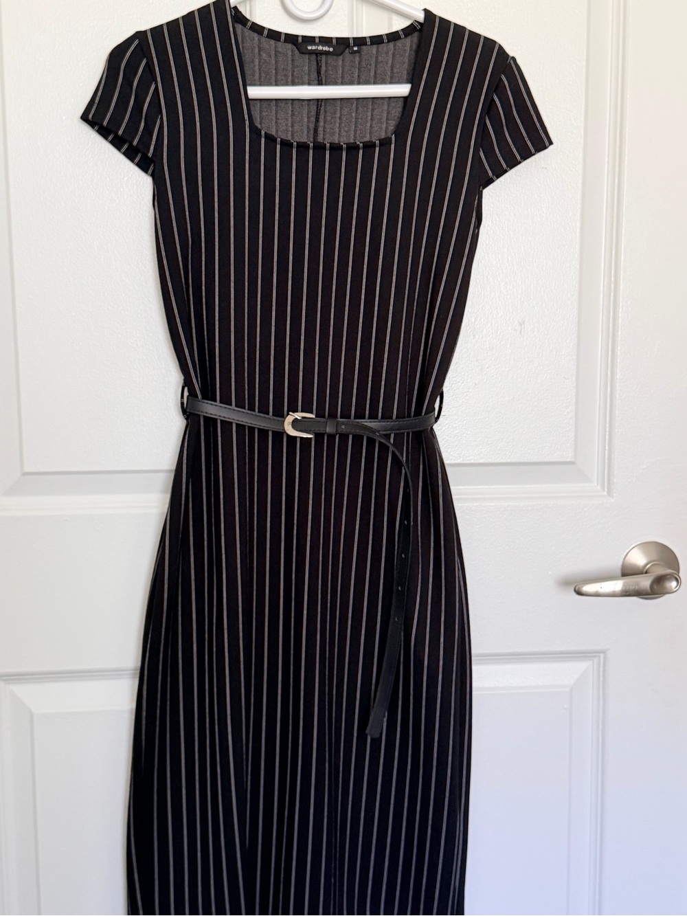 Classic Black Pinstripe Belted Sheath Dress